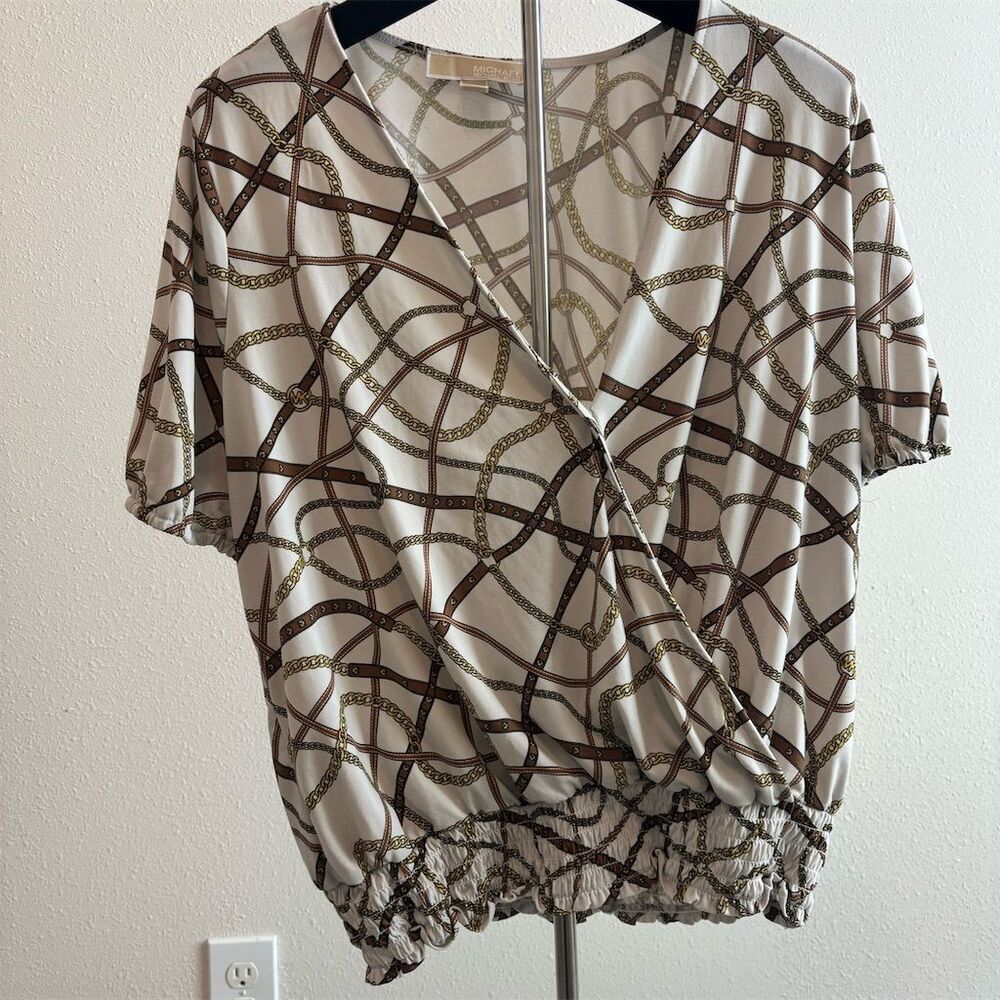 Michael Kors Cream Blouson Surplice Top with Brown Chain Print